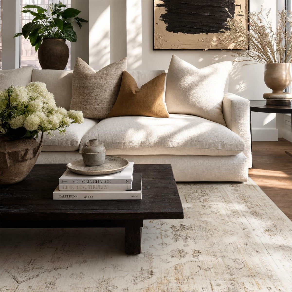 AMOAMI-Area Rug 5X7 Rugs for Living Room-Vintage Soft Beige Rugs for Bedroom-Non Slip Carpet-Machine Washable Rug for Dining Room Living Room Bedroom Office Under Table-Beige