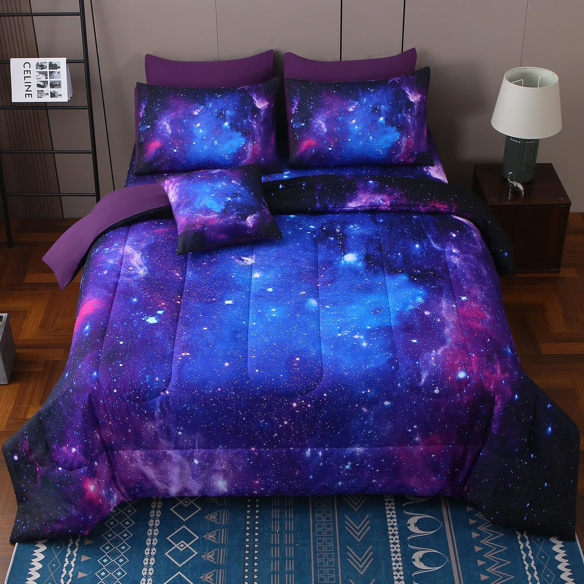 JQinHome Twin Galaxy Comforter Sets 6 Piece Bed in A Bag, Outer Space Themed Bedding for Children Boy Girl Teen Kids,1 Comforter, 1 Flat Sheet, 1 Fitted Sheet, 2 Pillowshams, 1 Cushion Cover(Blue)