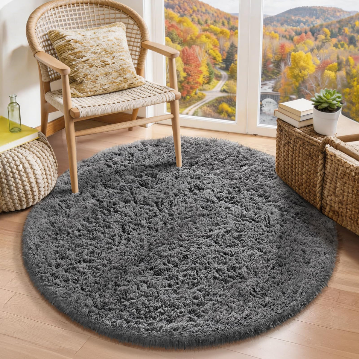 Ophanie Round Rugs 5Ft Ivory Circle Area Rug,Baby Nursery Living Room Bedroom Decor Circular Carpet 5 Foot,Fluffy Fuzzy Shag Plush Cream for Kids Boys Girls Teen with Over 99 pcs Pile fibers