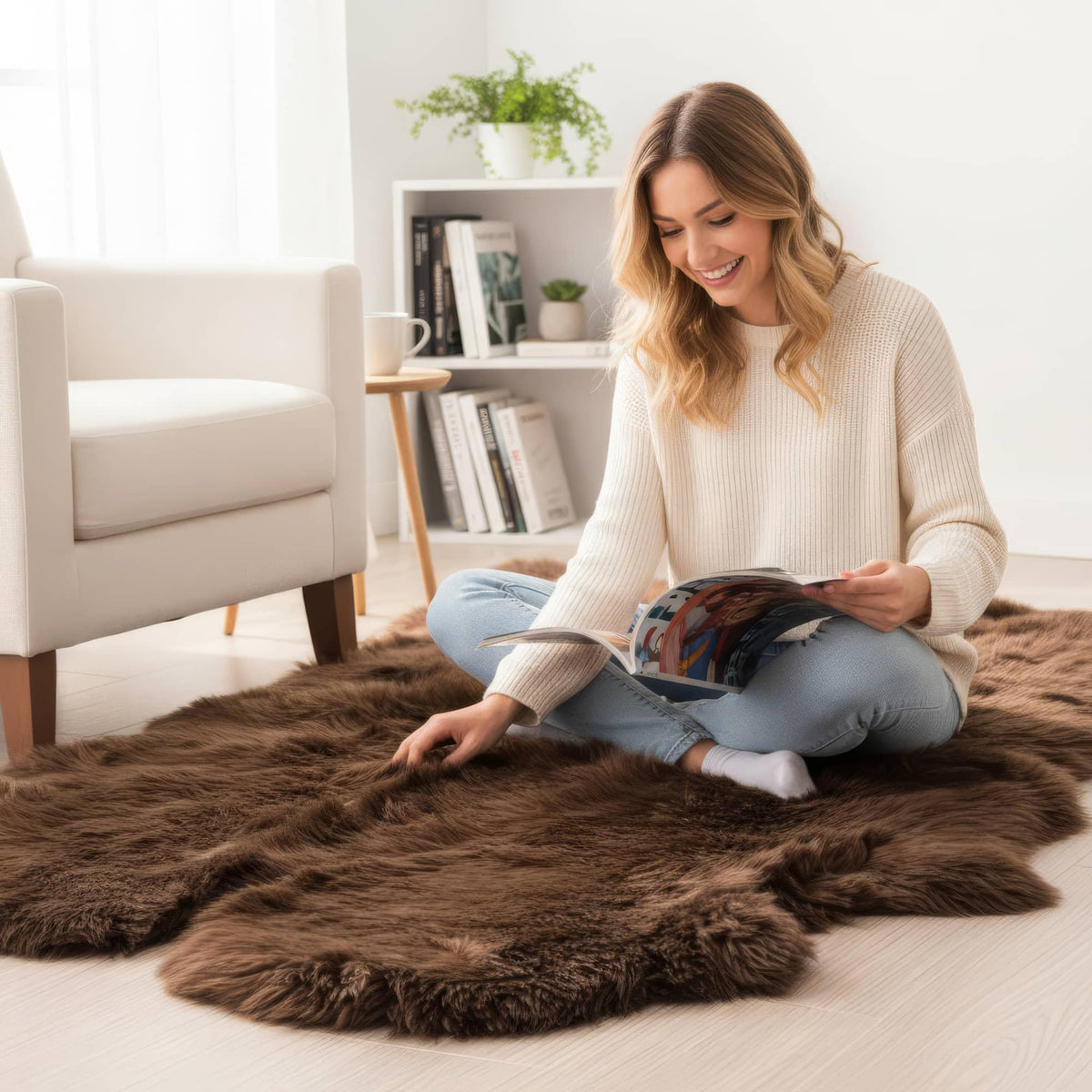 Genuine Sheepskin Rug & Chair Cover Ivory 2X3 Real Fur Throw for Bedroom