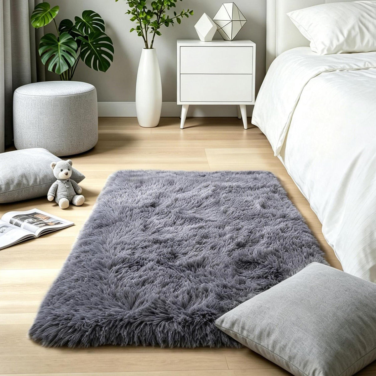 4x6 Light Grey Fluffy Shag Rug for Bedroom, Plush Washable Carpet