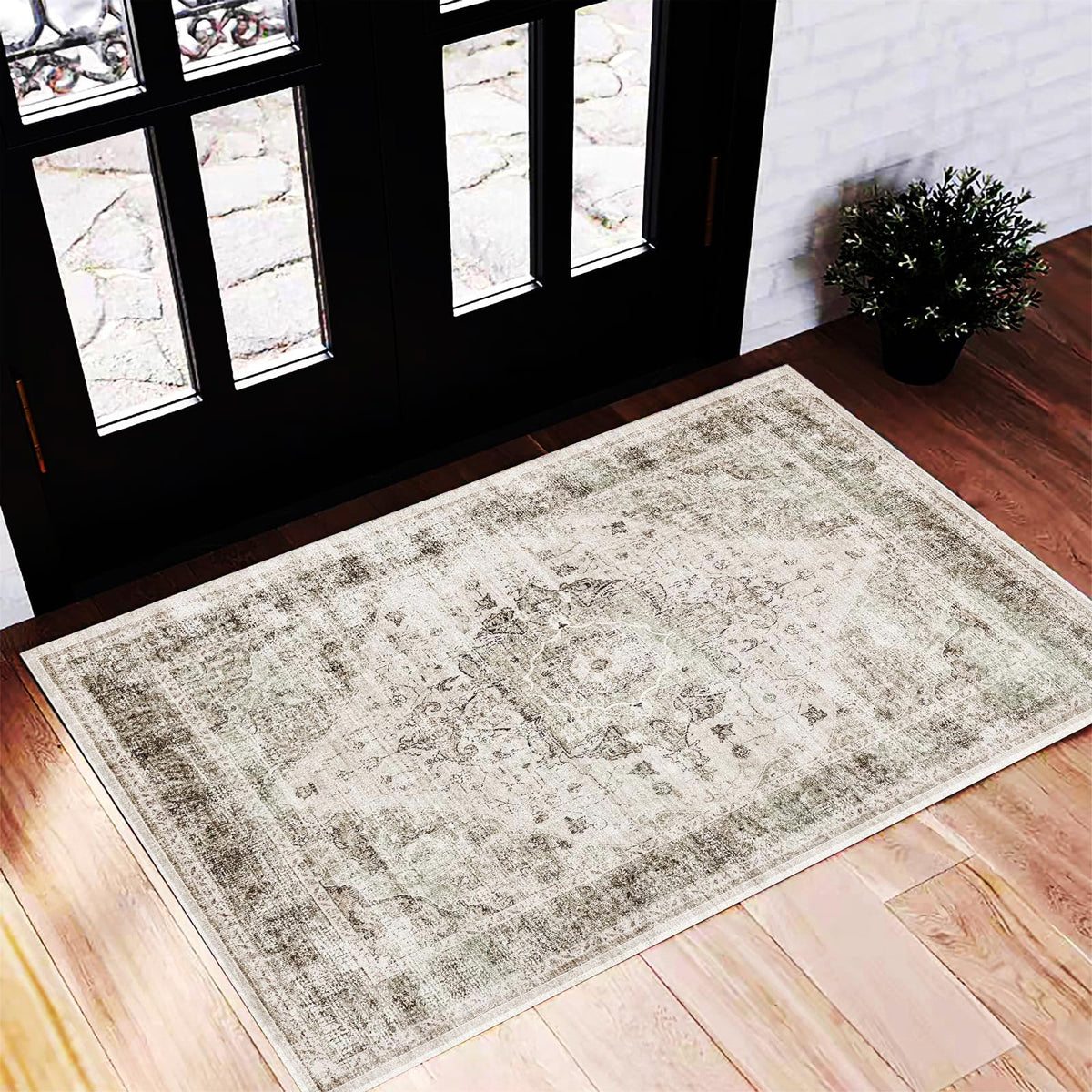 CHAMPLANT Area Rug 4x6 Washable Rug Gray Vintage Traditional Floor Cover Foldable Thin Retro Accent Indoor Distressed Non Slip Carpet Floral Print Mat Bedroom Living Room Bathroom