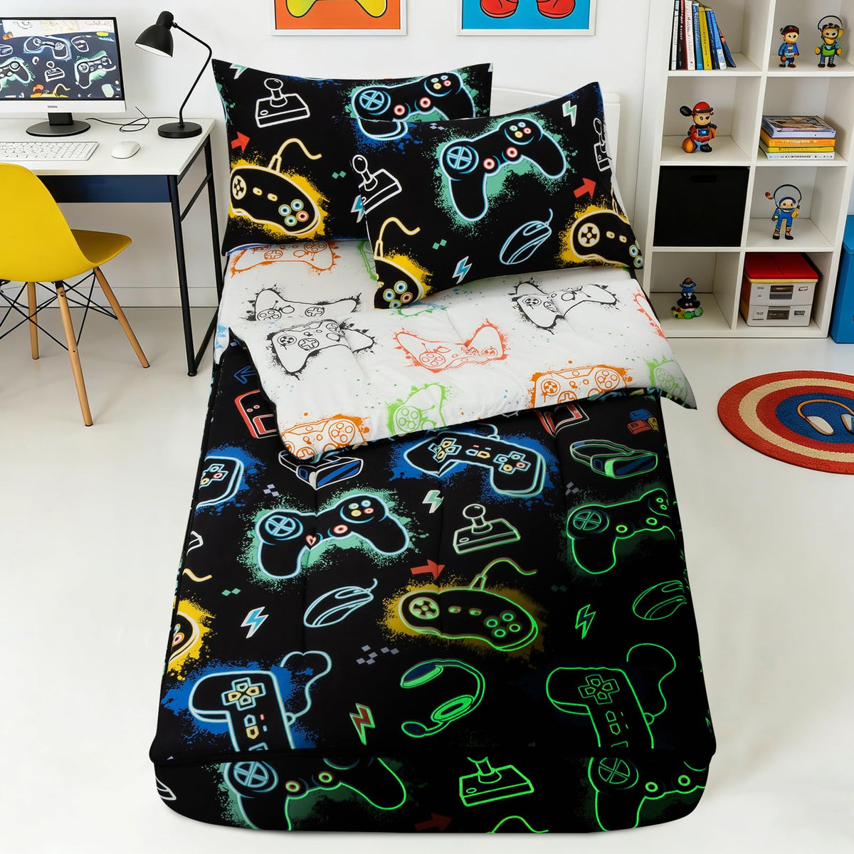 NTBED Unicorn Zipper Bedding Sets Twin for Kids Boys Lightweight Glow in Dark Comforter Set with Fitted Sheet Rainbow Pillow Covers