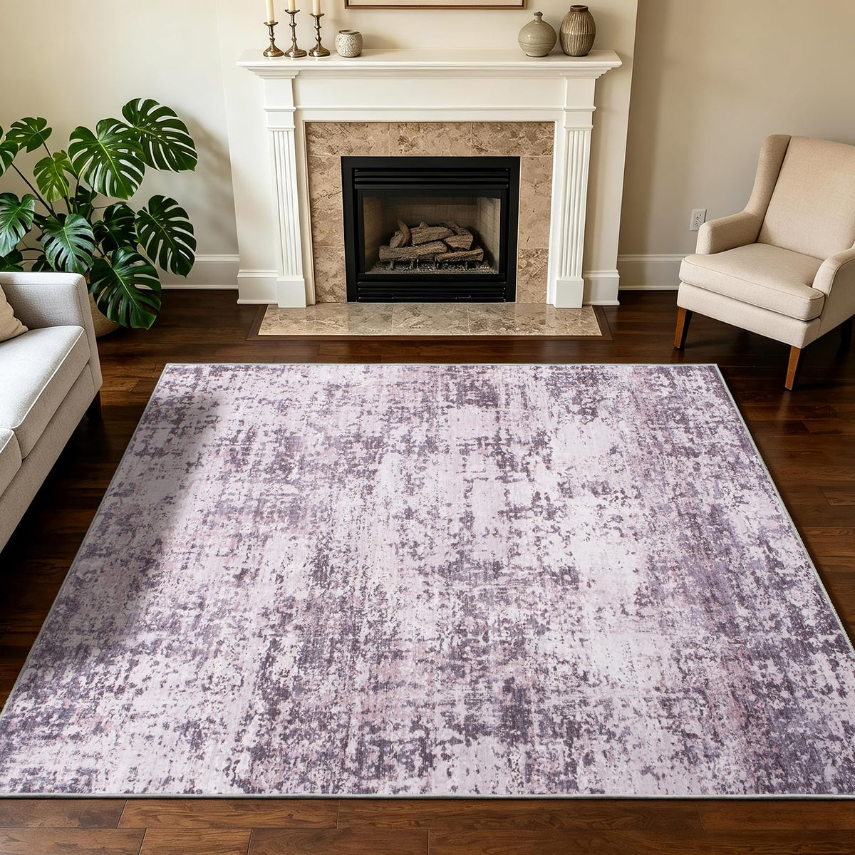 5x7 Area Rugs Living Room Rug Abstract Washable Rug Non-Slip Soft Low Pile Indoor Floor Stain Resistant Thin Carpet for Bedroom Dining Room Home Office Farmhouse Nursery - Light Gray & Cream 5' x 7'