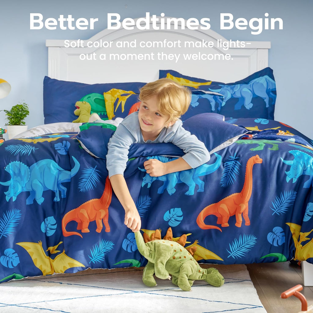 Joiedomi Kids Comforter Set Bedding Set for Boys Girls Super Soft Microfiber Bed in a Bag with Comforter Sheets Pillowcase Sham, Dark Blue Dinosaur, Twin