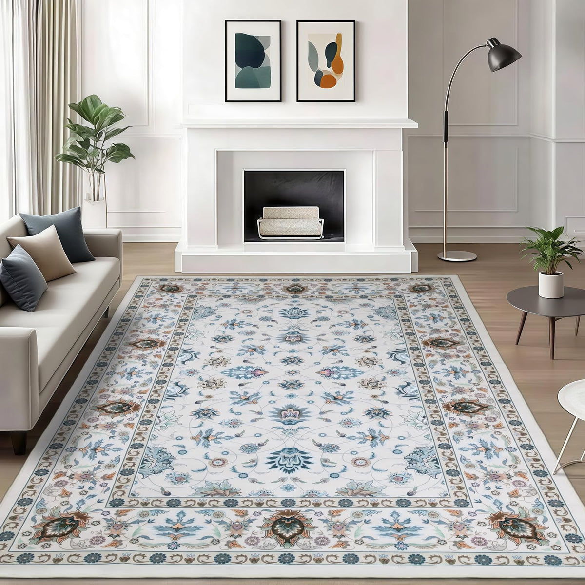 WILLSUN Washable Area Rugs, 5x7 Non-Slip Boho Large Area Rugs for Living Room, Bedroom, Machine Washable Vintage Rug, Indoor Floral Print Carpet for Home Decor, Kid & Pet Friendly Mat
