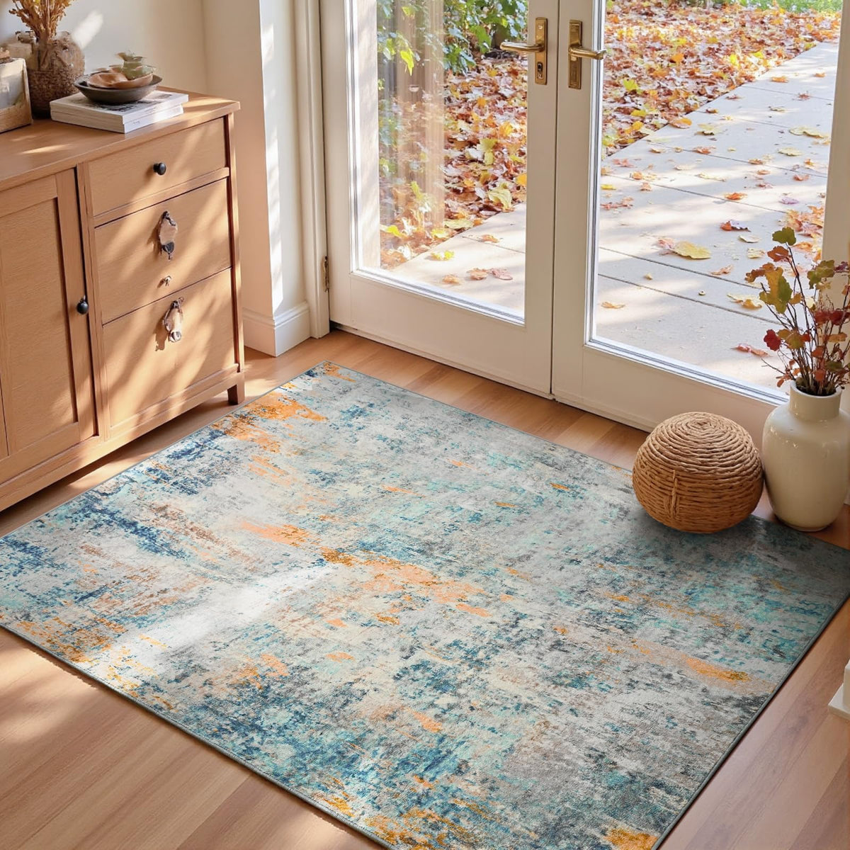 Living Room Rug 5x7 Gray Area Rug Machine Washable Boho Rug Non Slip Abstract Vintage Indoor Large Rugs for Bedroom, Classroom, College Dorm, Farmhouse, Dining Room, Kids Playroom