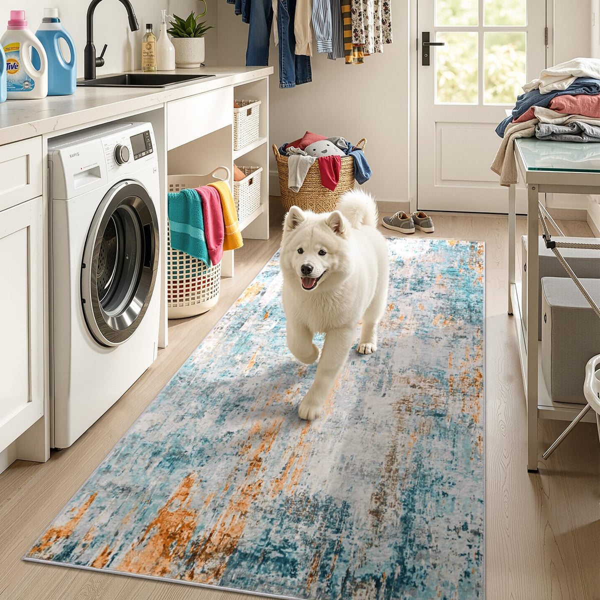 Living Room Rug 5x7 Gray Area Rug Machine Washable Boho Rug Non Slip Abstract Vintage Indoor Large Rugs for Bedroom, Classroom, College Dorm, Farmhouse, Dining Room, Kids Playroom