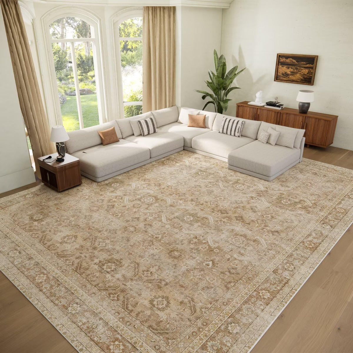 Washable 10x14 Area Rugs for Living Room, Ivory/Sage Gold