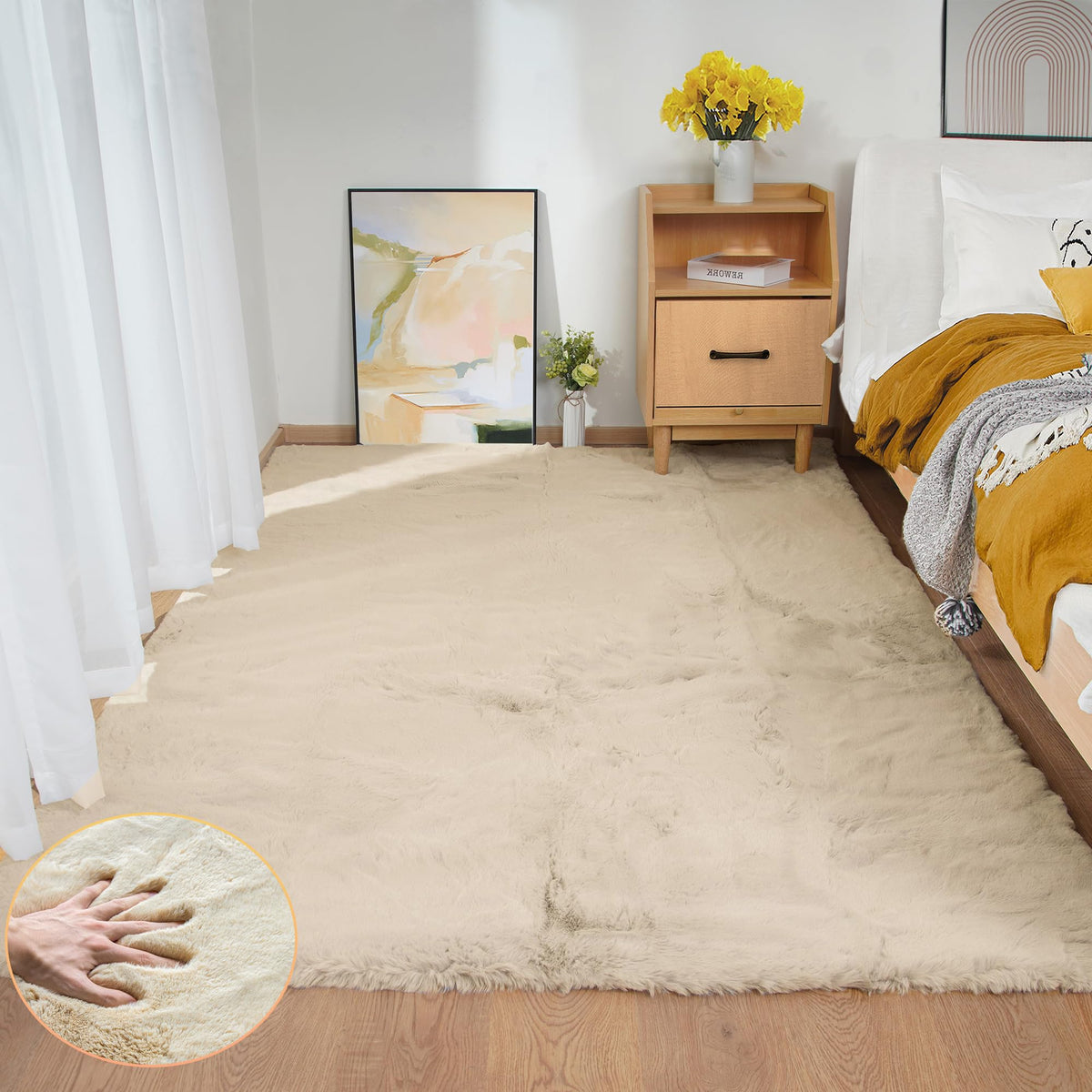 ORINOVA Beige Faux Sheepskin Rabbit Fur Shaggy Rugs for Bedroom Small Shag Washable Fluffy Fur Rug for Living Room Rug 2x3 Nursery Rectange Rugs