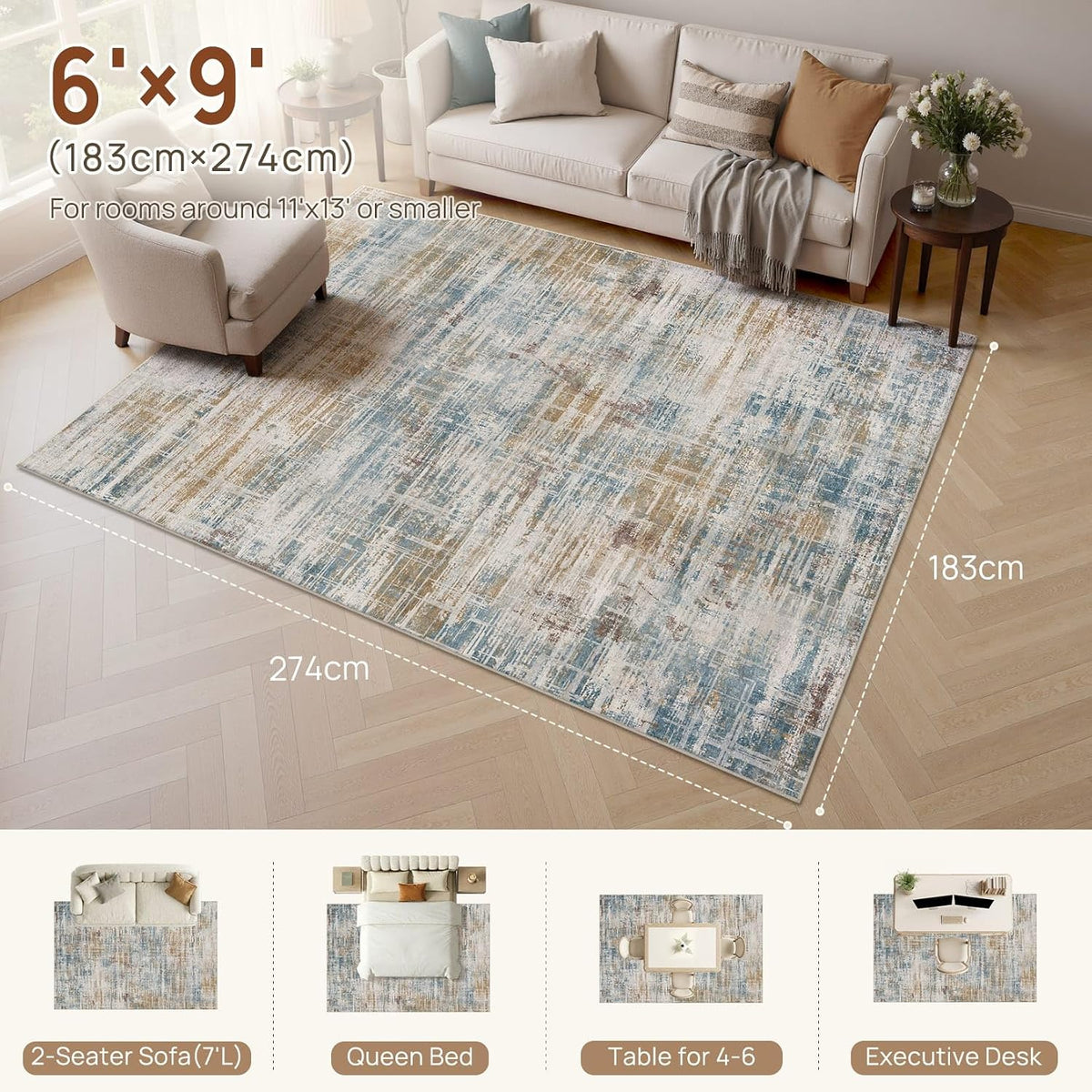 UERMEI 6x9 Area Rug for Living Room Washable Abstract Blue Brown Carpet