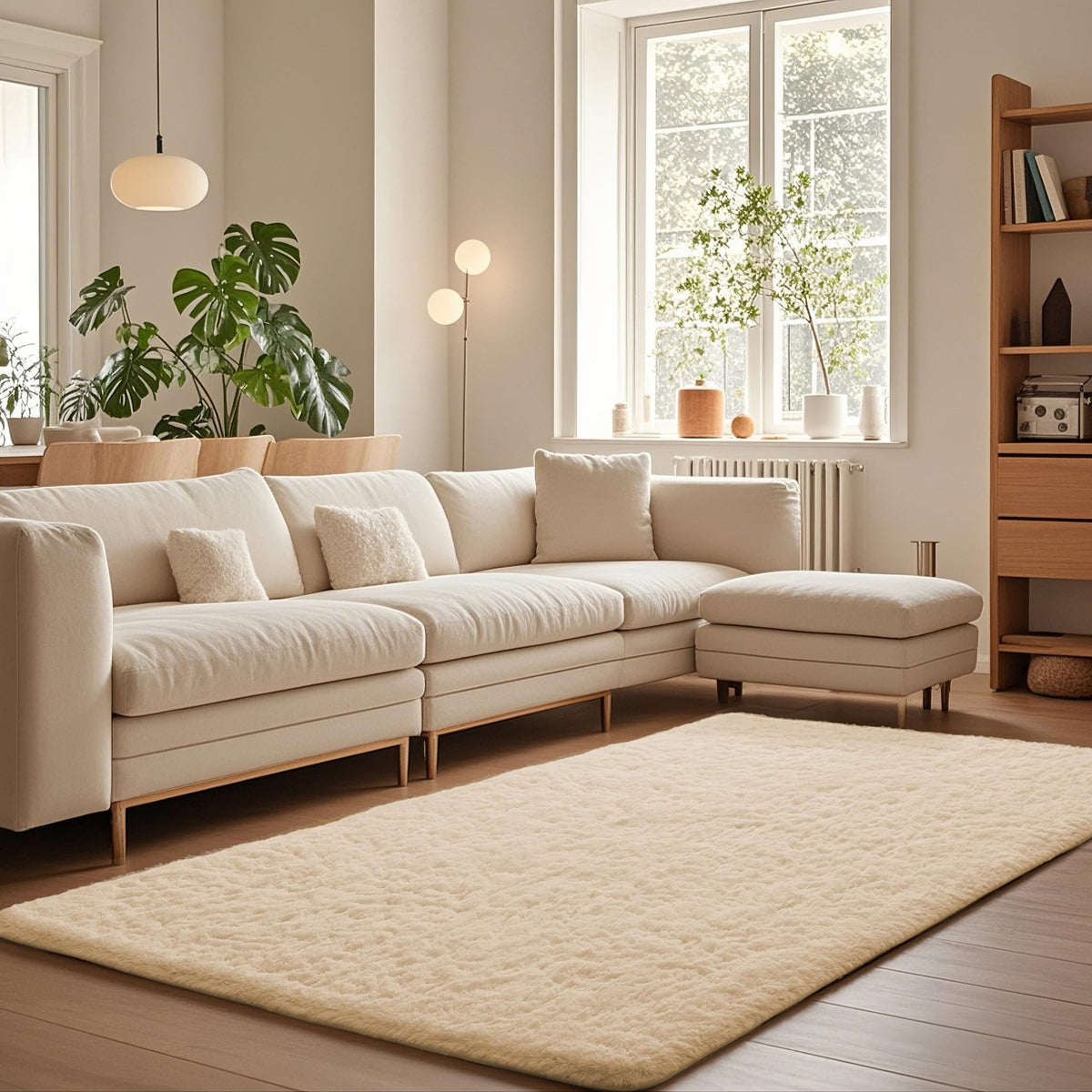 Ophanie Round Rugs 5Ft Ivory Circle Area Rug,Baby Nursery Living Room Bedroom Decor Circular Carpet 5 Foot,Fluffy Fuzzy Shag Plush Cream for Kids Boys Girls Teen with Over 99 pcs Pile fibers