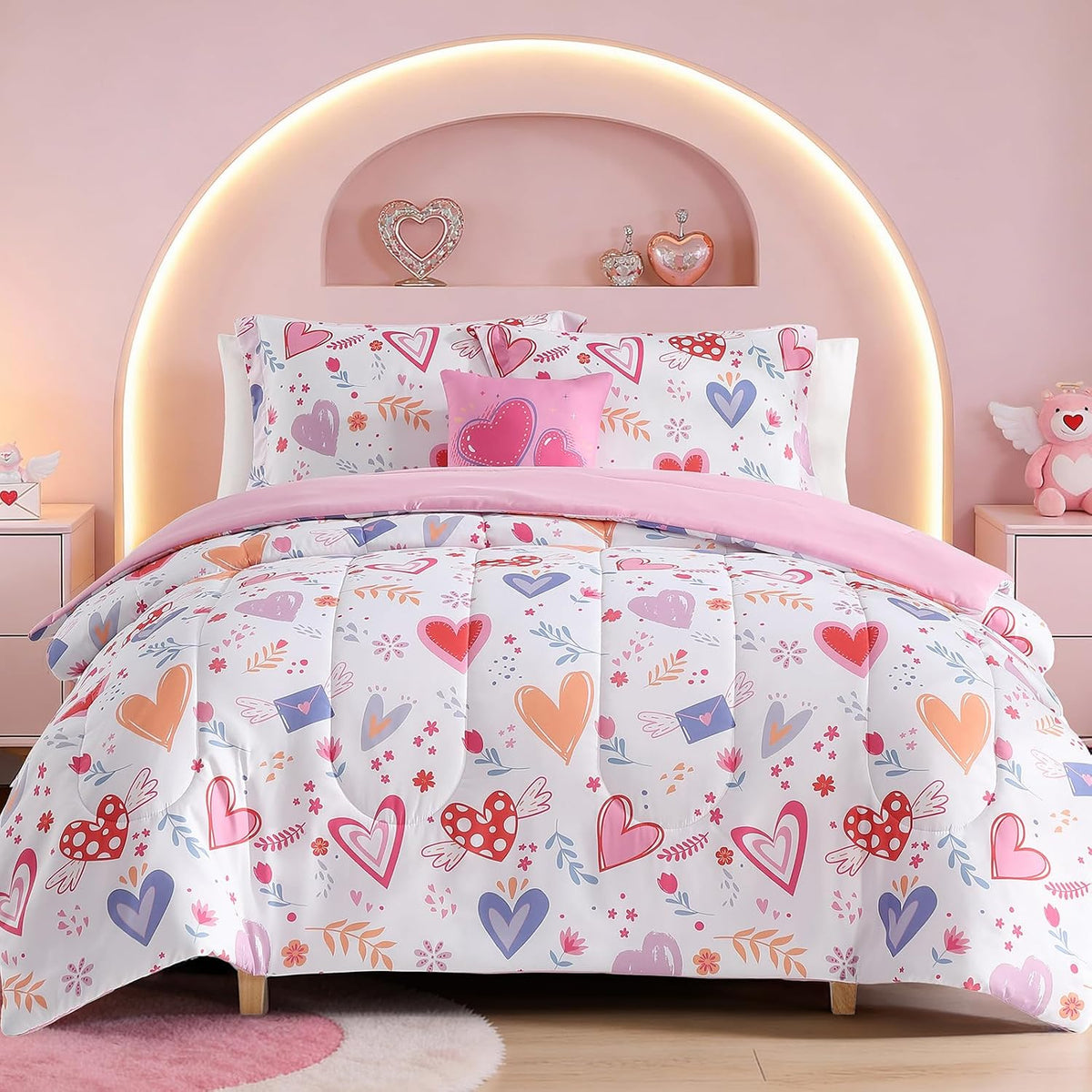 Twin Comforter Set for Girls - 3 Pieces Pink Rainbow Twin Bedding Sets