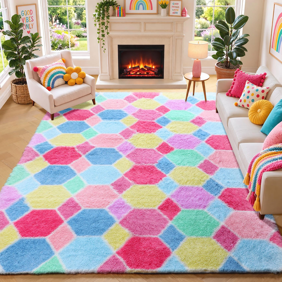 Area Rugs for Bedroom Living Room, 4x6 Fluffy Grey and Black Geometric Rug