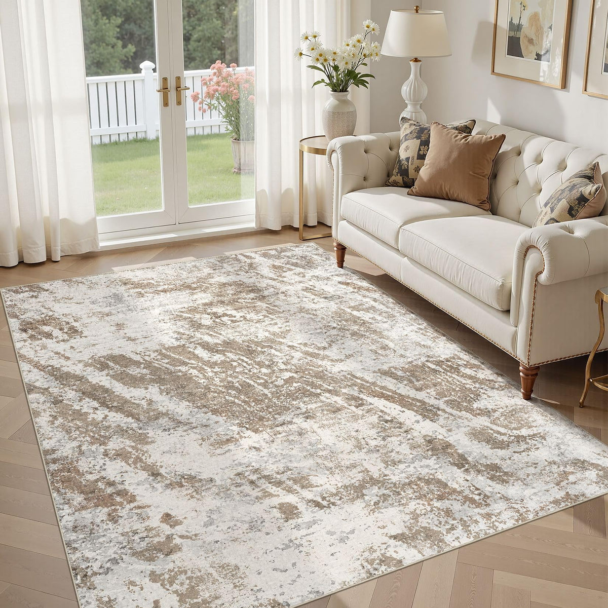 DMOYEST Area Rug Living Room Rugs 5x7 Washable Abstract Beige Blue Carpet