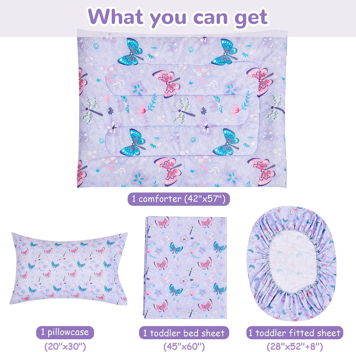lasoftan Butterfly Toddler Bedding Set for Girls, 4 Piece Bed-in-a-Bag Toddler Comforter Sets, Super Soft Comforter Sheet Set and Comfortable Microfiber Toddler Bed Set