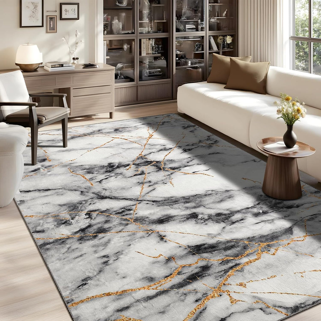 CRYPTOLITE Abstract Area Rug Washable Rug with Non-Slip Backing Low Pile Area Rugs for Living Room,Bedroom,Dining Room,4x6, Gold&Grey