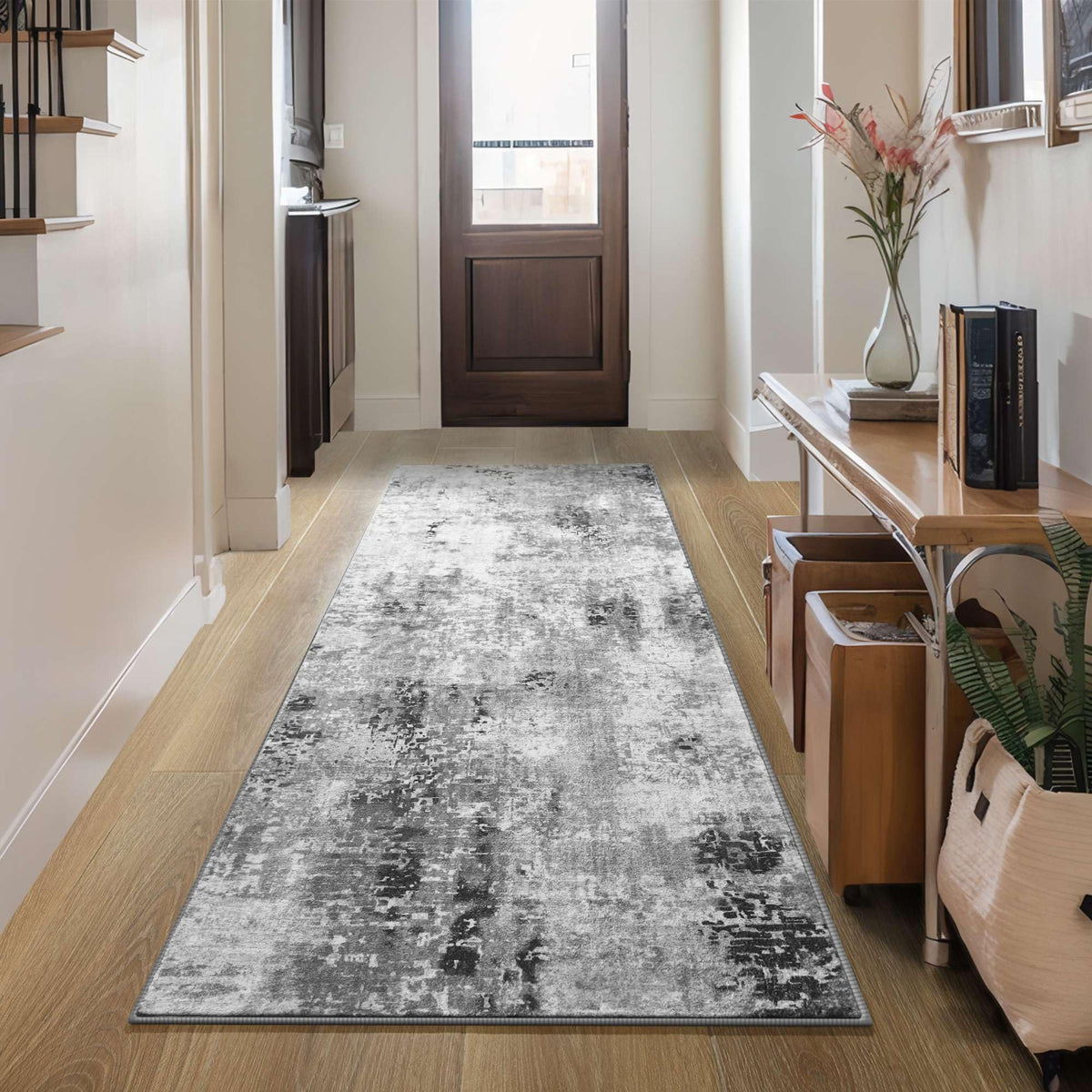 Living Room Rug 5x7 Gray Area Rug Machine Washable Boho Rug Non Slip Abstract Vintage Indoor Large Rugs for Bedroom, Classroom, College Dorm, Farmhouse, Dining Room, Kids Playroom