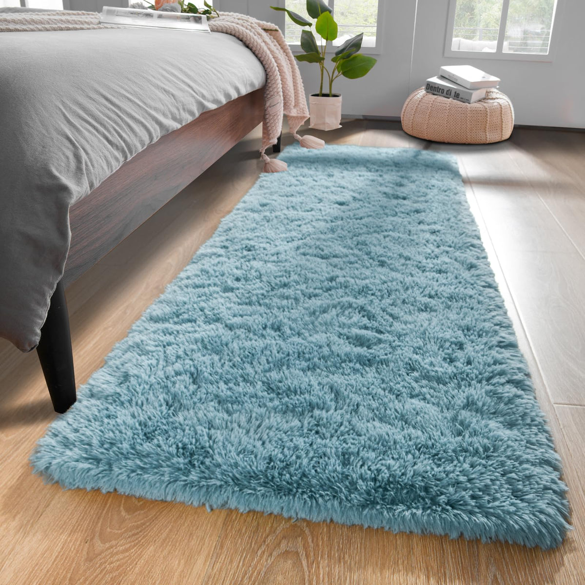 YJ.GWL Shag Runner Rug Non Slip for Bedroom Living Room Soft Small Rugs for Dorm, 2x6 Feet Grey Plush Carpet Runner for Nursery Dorm, Fuzzy Bedside Rug for Kids Boys Girls Room Home Decor