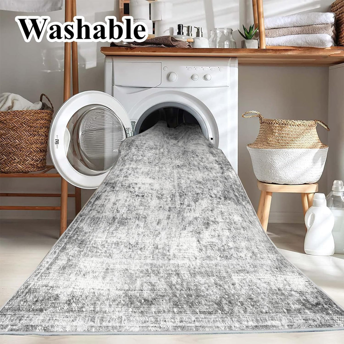 CHAMPLANT Area Rug 4x6 Washable Rug Gray Vintage Traditional Floor Cover Foldable Thin Retro Accent Indoor Distressed Non Slip Carpet Floral Print Mat Bedroom Living Room Bathroom