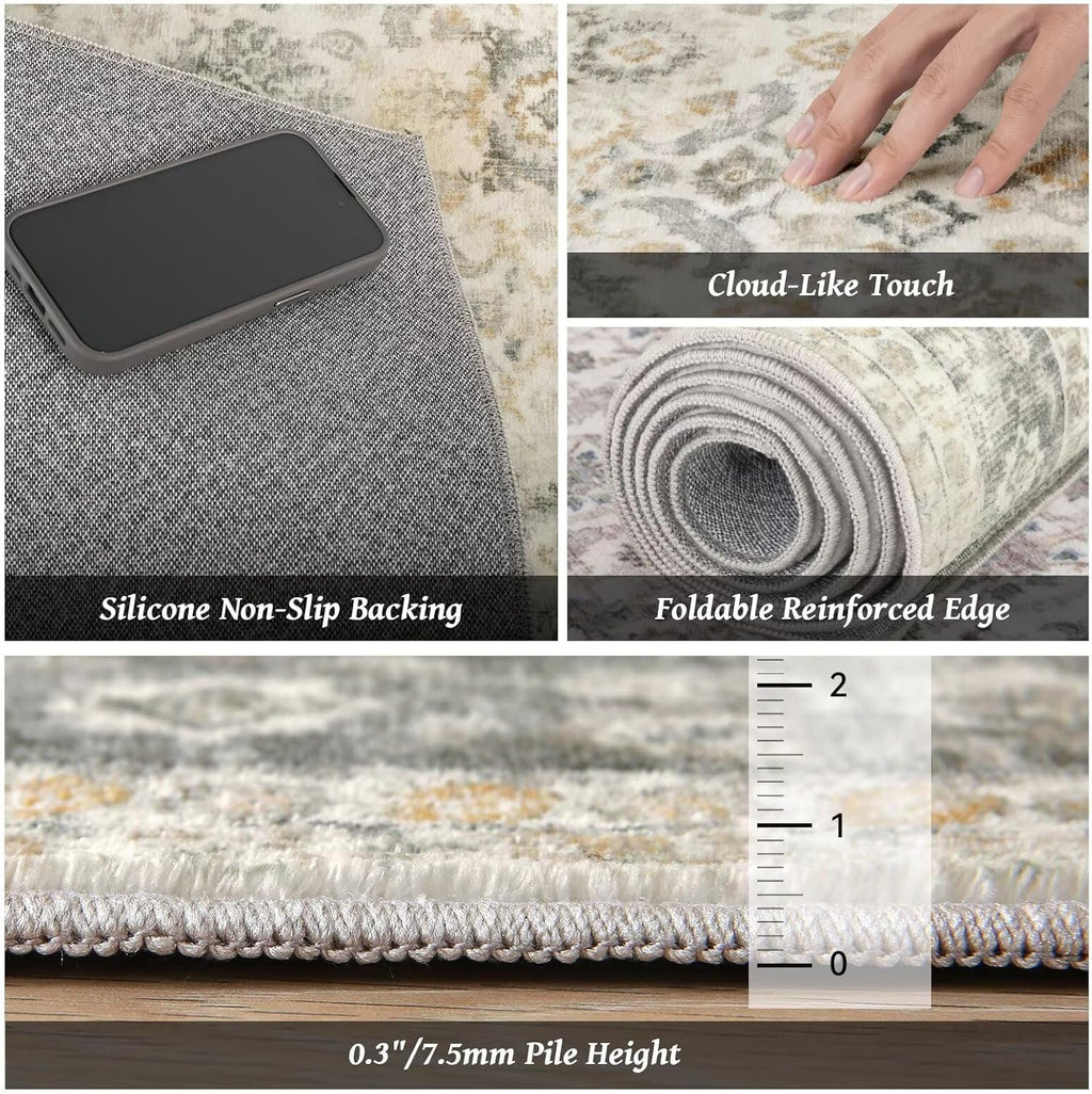 Washable 10x14 Area Rugs for Living Room, Ivory/Sage Gold