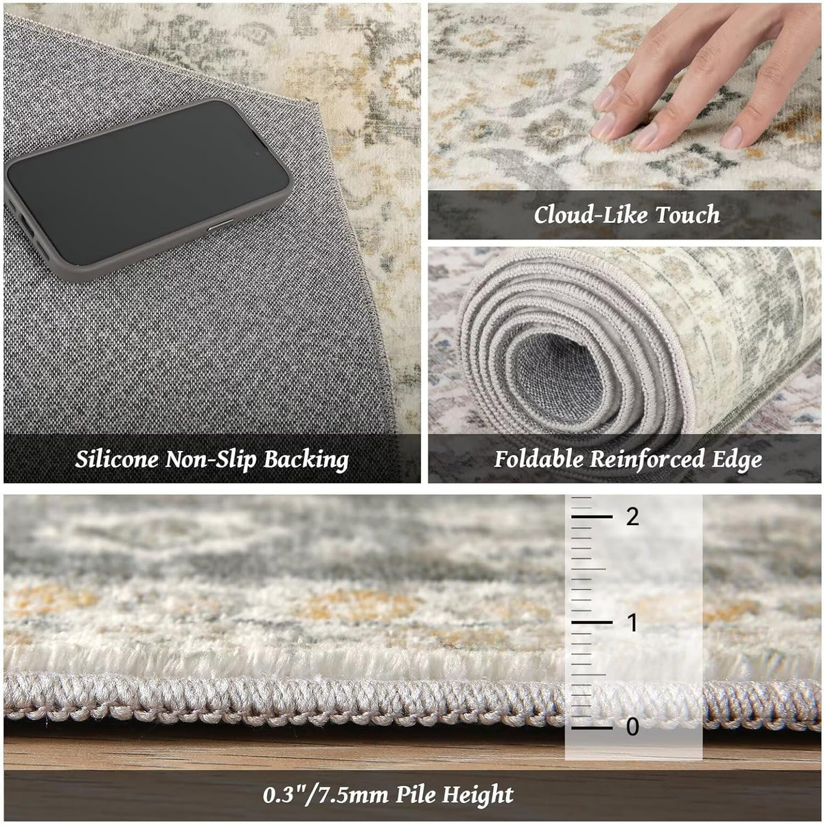 Washable 10x14 Area Rugs for Living Room, Ivory/Sage Gold