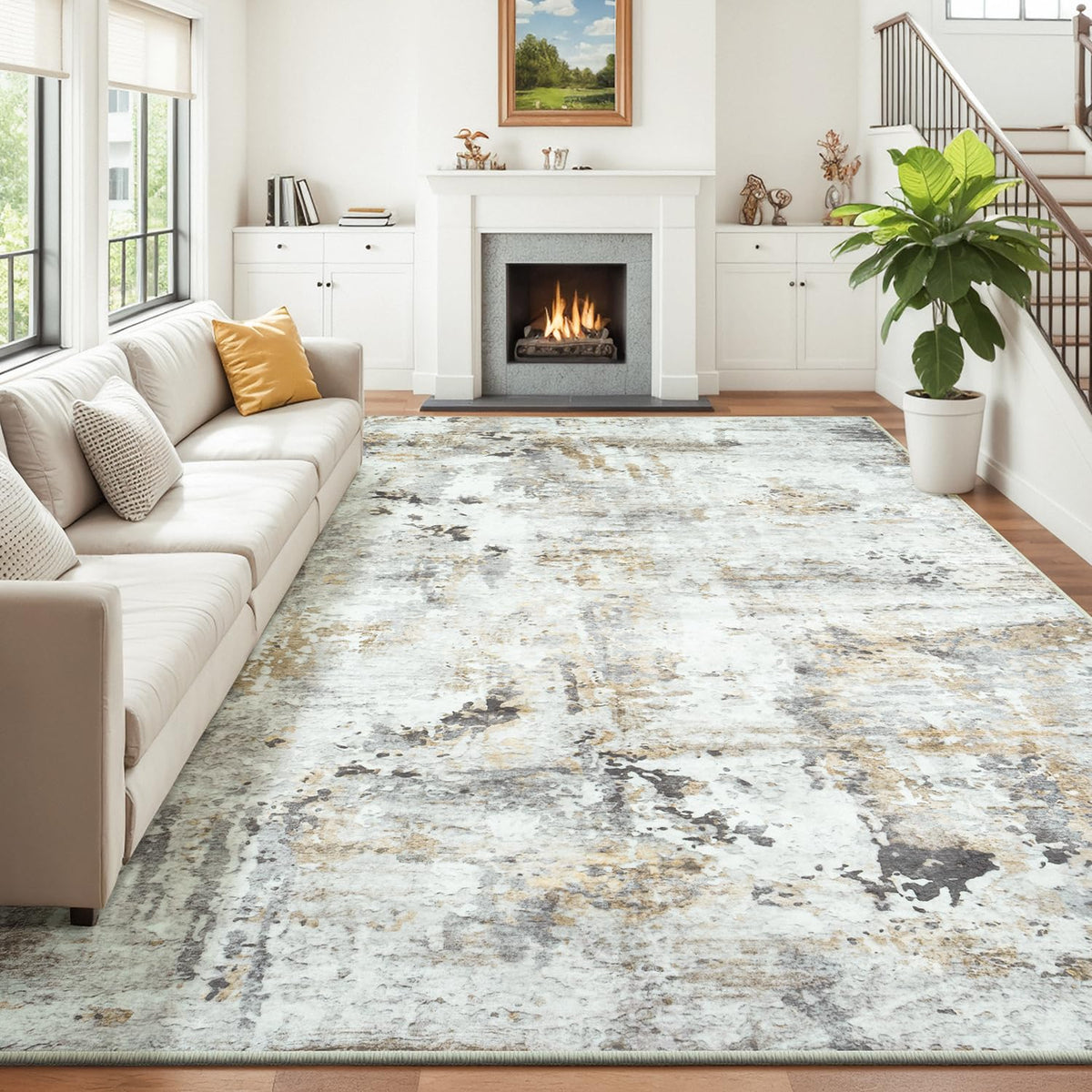 9x12 Area Rugs for Living Room, Large Washable Rug, Brown/Grey