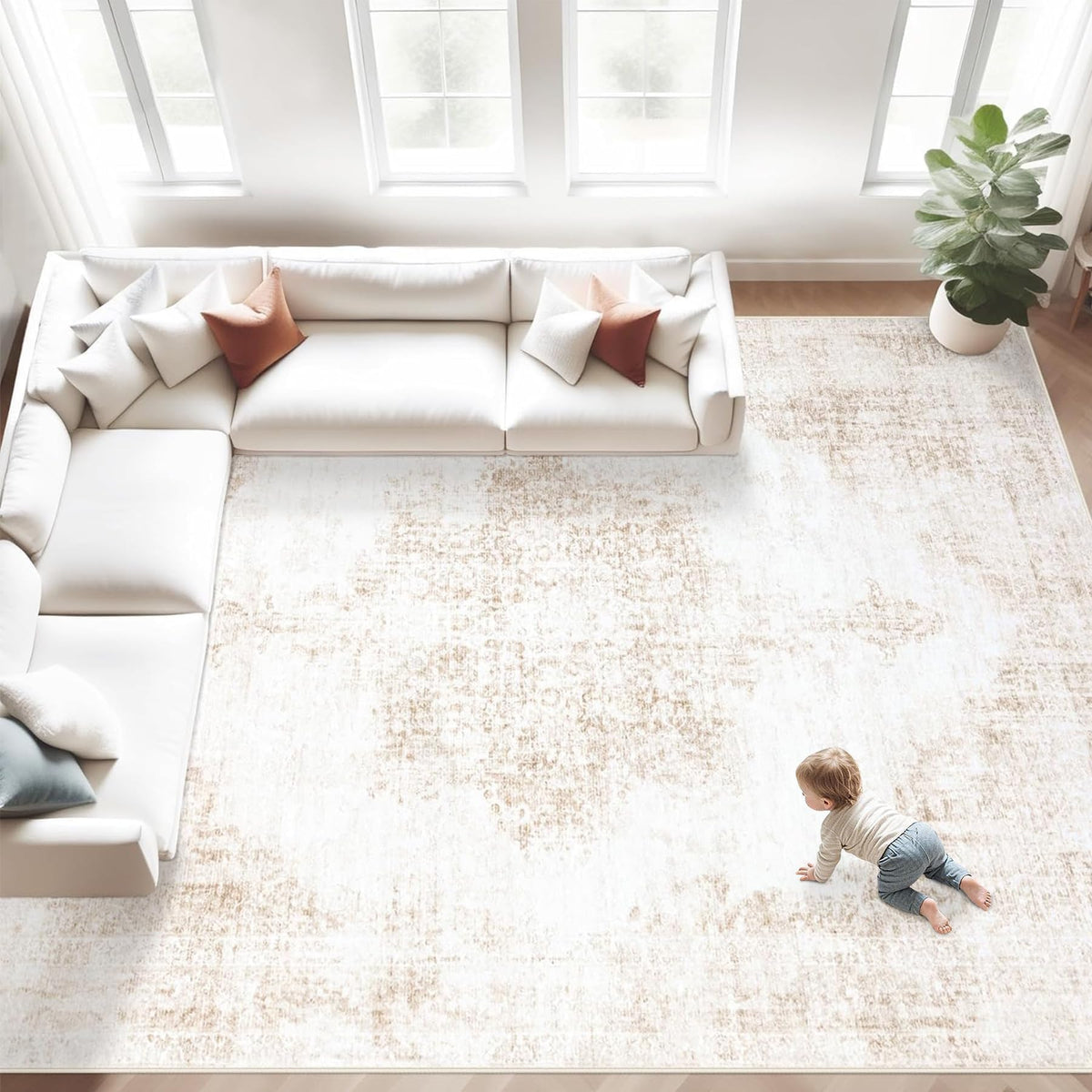 Area Rug 5x7 Vintage Rugs: Washable Living Room Rug Retro Medallion Distressed Large Rug Soft Low Pile Non-Slip Rugs Indoor Floor Carpet for Bedroom Kitchen Nursery Dining Table Office (Beige/Brown)