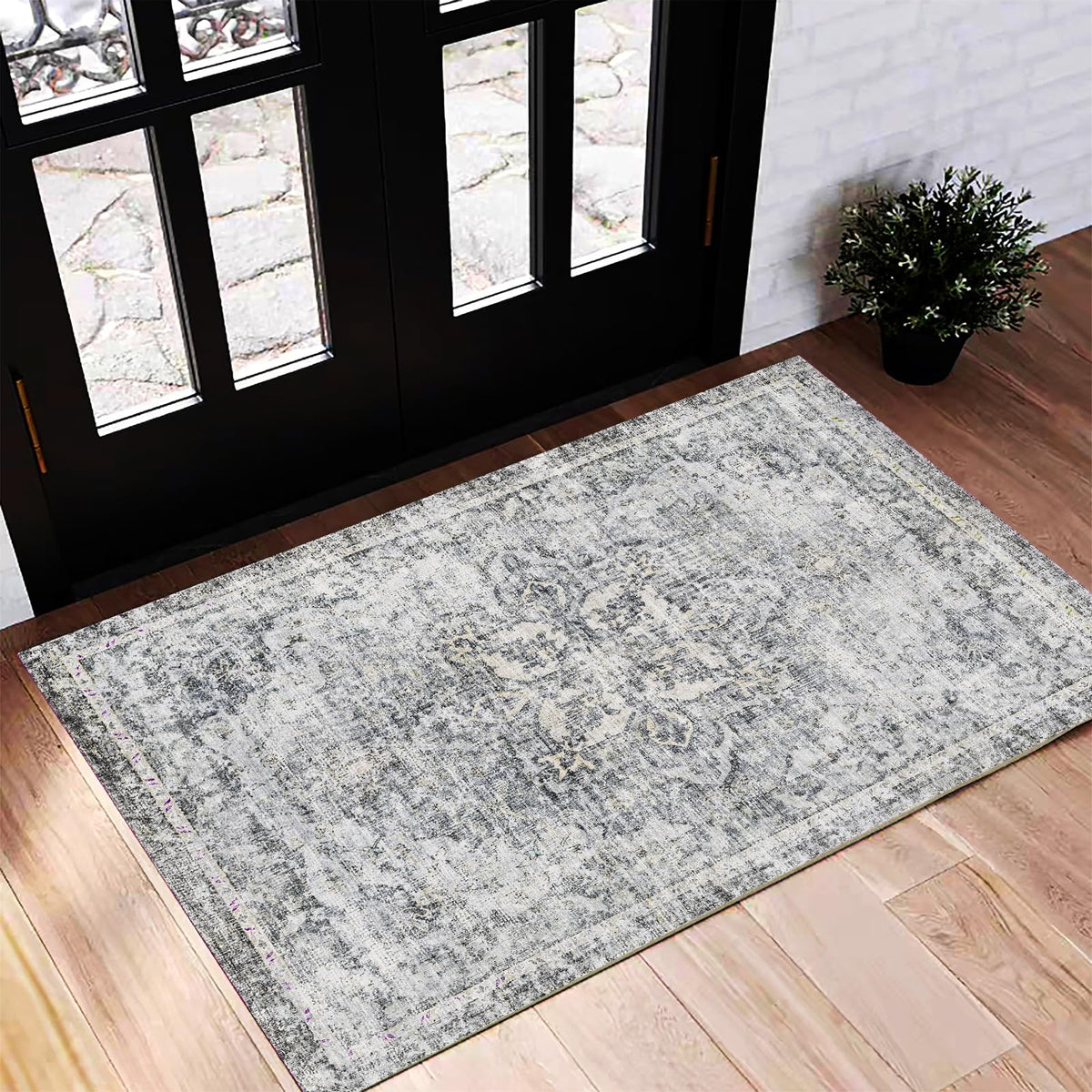 CHAMPLANT Area Rug 4x6 Washable Rug Gray Vintage Traditional Floor Cover Foldable Thin Retro Accent Indoor Distressed Non Slip Carpet Floral Print Mat Bedroom Living Room Bathroom