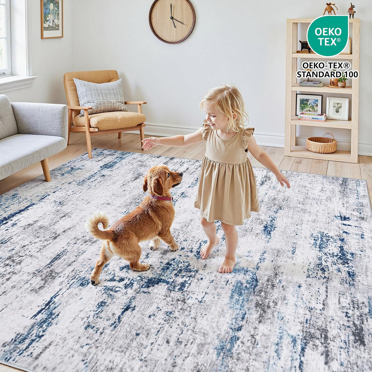 5x7 Area Rugs for Living Room Large Washable Abstract Rug White Gray Blue