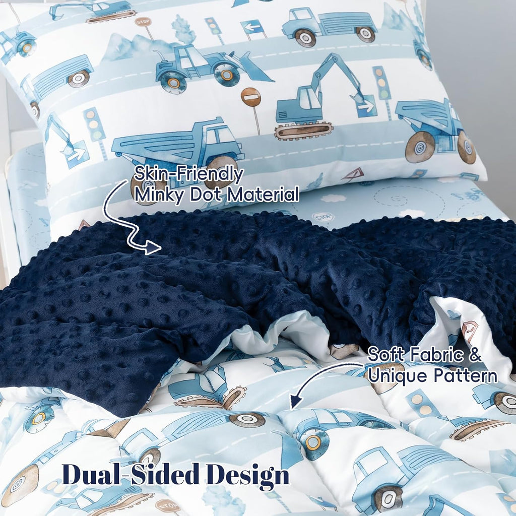 PHF 4 Piece Minky Toddler Bedding Set, Ultra Soft Fluffy Skin-Friendly Soothing Minky Dot Toddler Comforter Set, Unique Pattern Breathable All Season Bedding Set for Boys,Truck