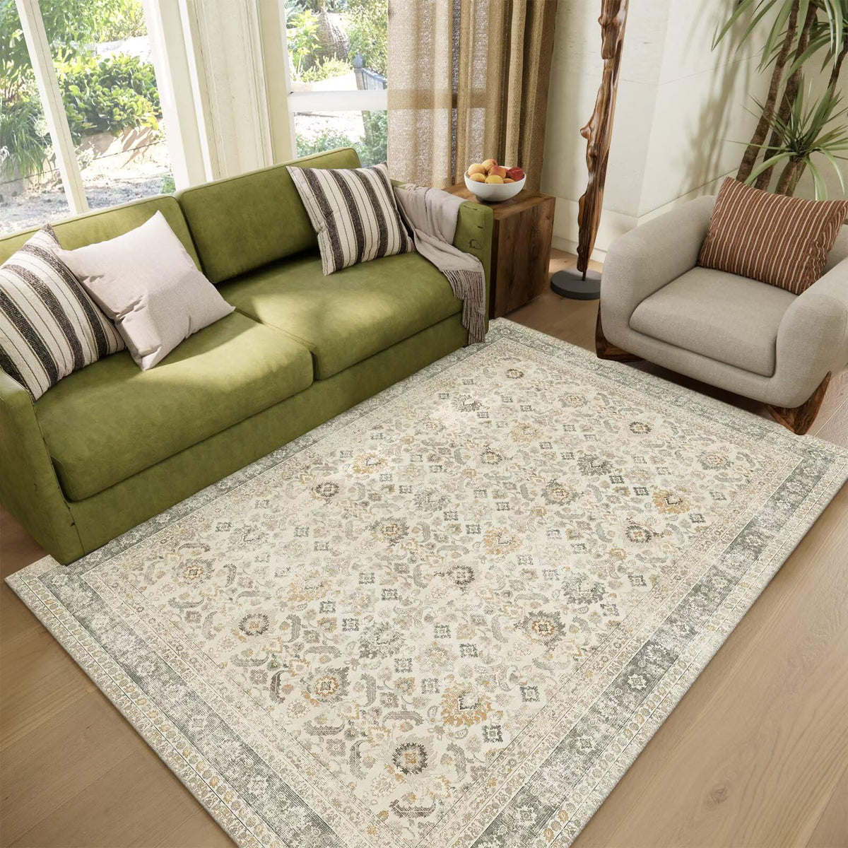 Washable 10x14 Area Rugs for Living Room, Ivory/Sage Gold