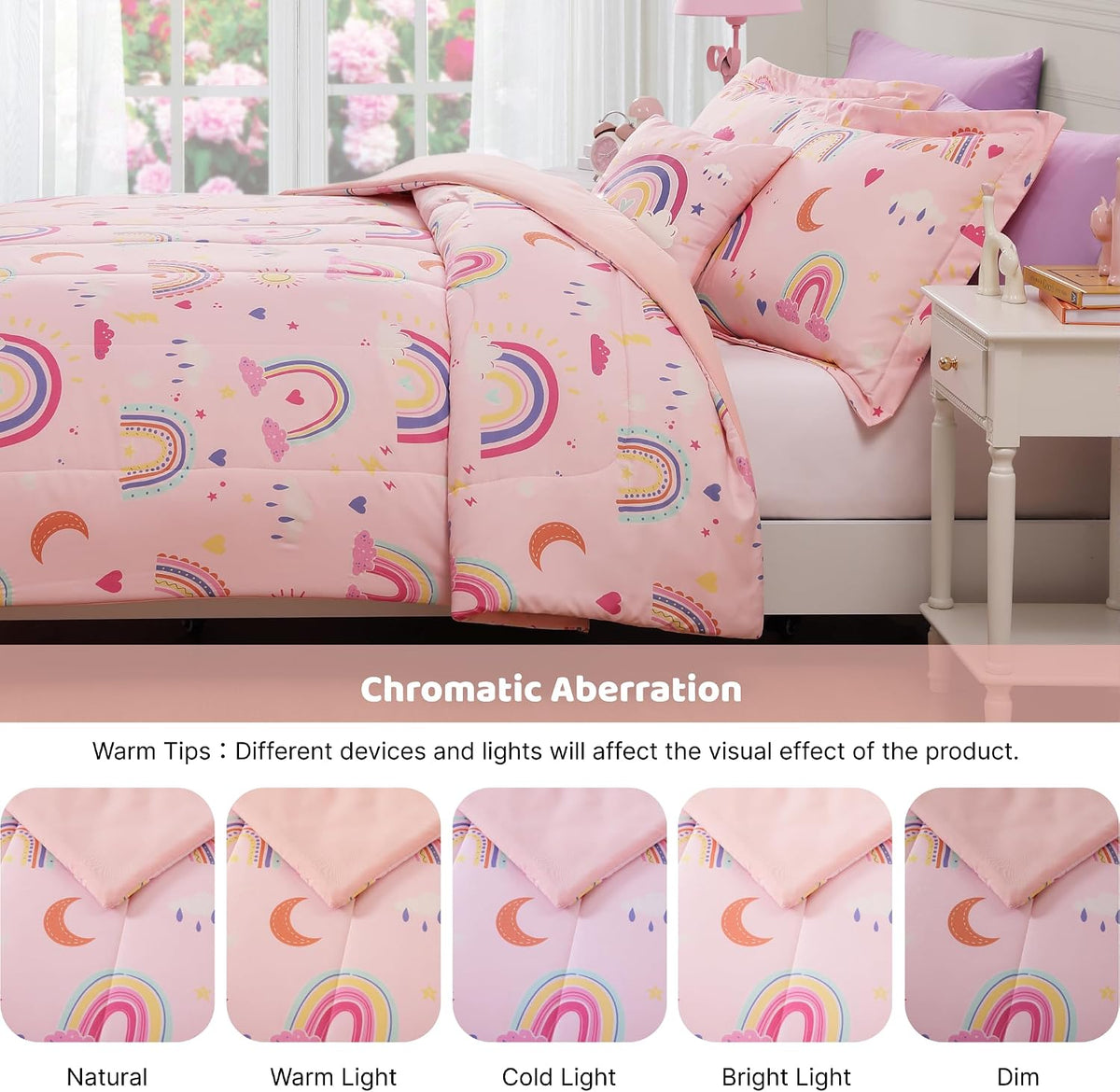 Twin Comforter Set for Girls - 3 Pieces Pink Rainbow Twin Bedding Sets