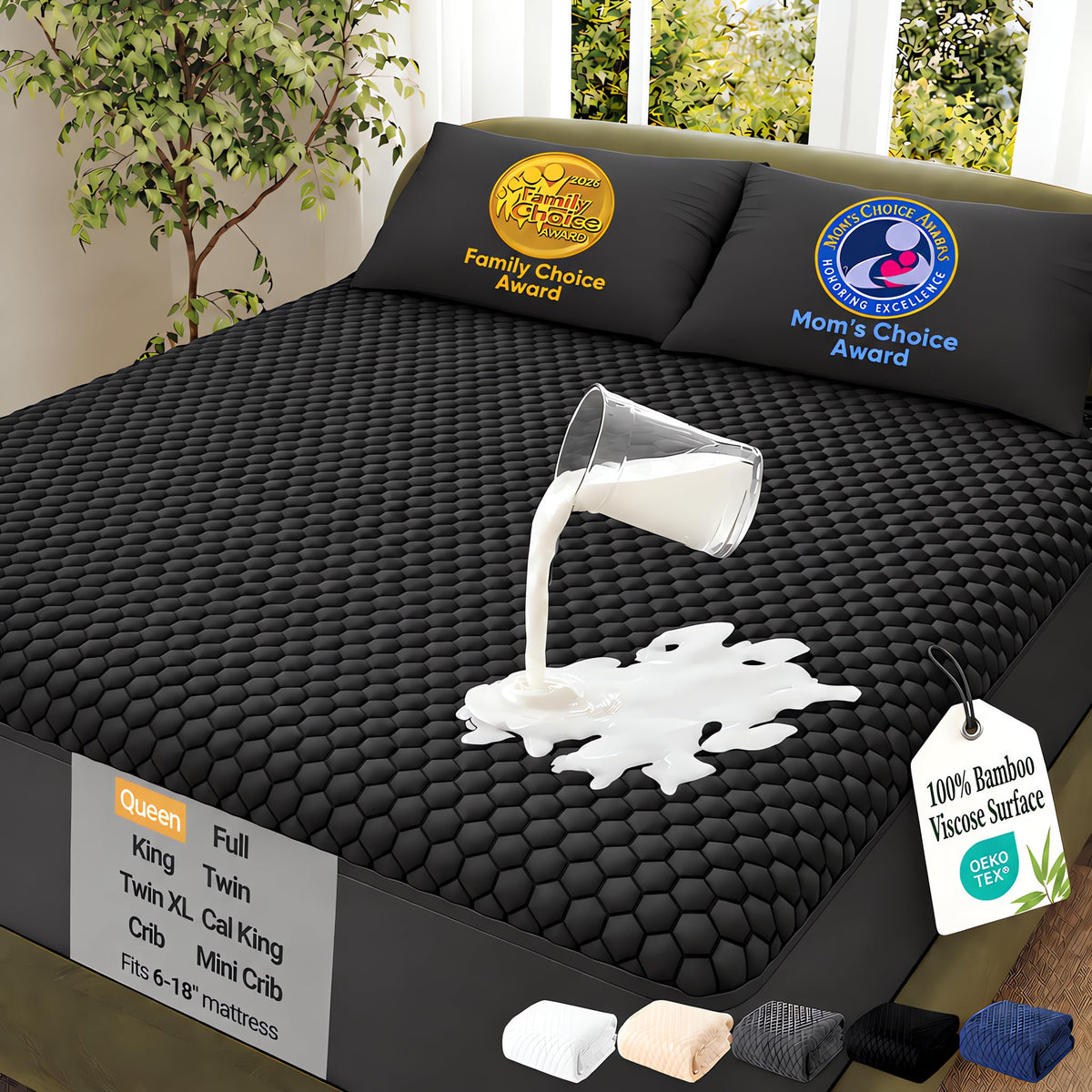 OhGeni Waterproof Mattress Protector,Twin Size Soft Bamboo Viscose Top Layer Pad,3D-Air Fabric Cooling Breathable Fitted Sheets, Washable Bed Cover for Kids Toddler Bedwetting Over 99 Count Hex Bumps