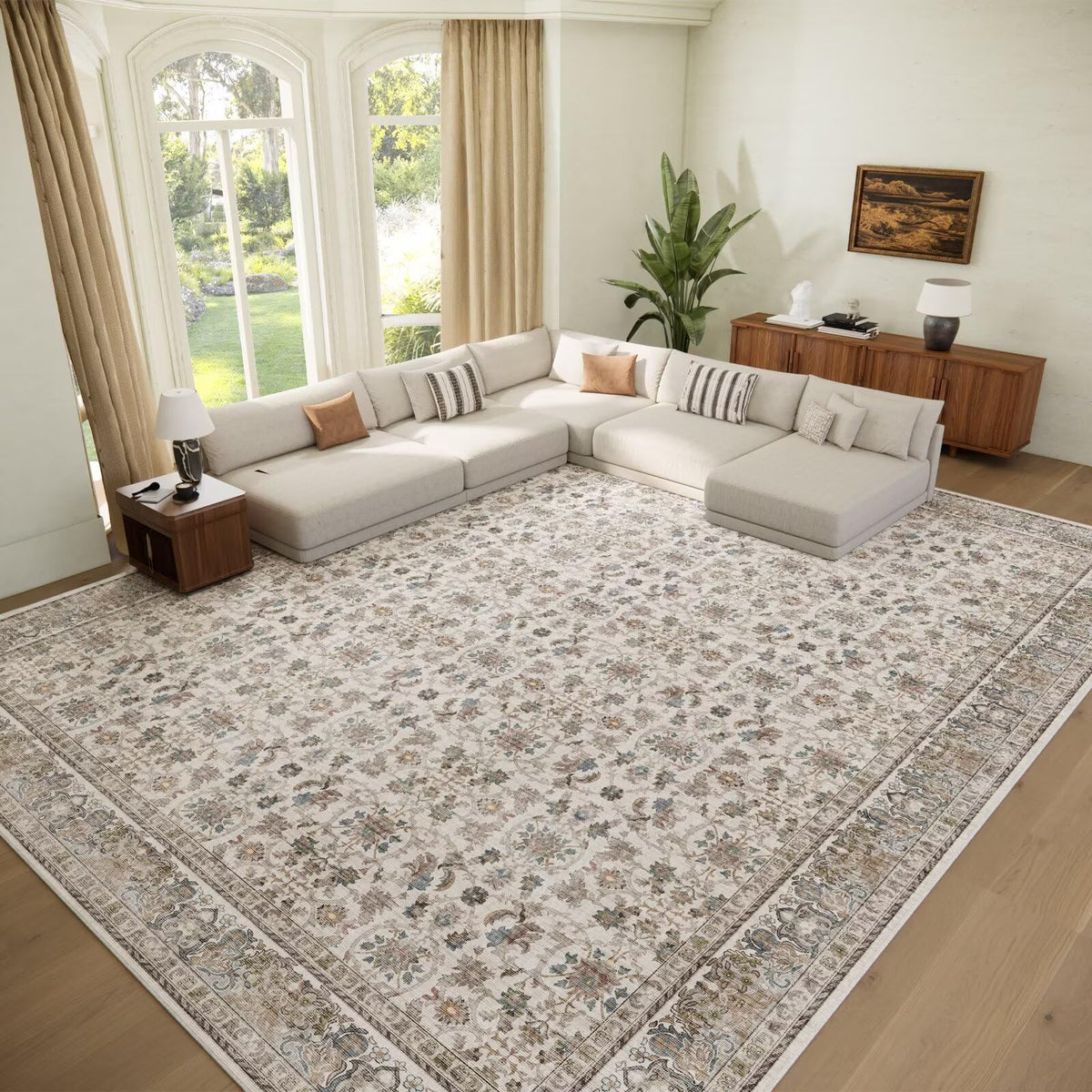 Washable 10x14 Area Rugs for Living Room, Ivory/Sage Gold