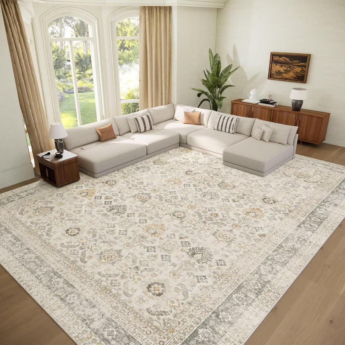 Washable 10x14 Area Rugs for Living Room, Ivory/Sage Gold