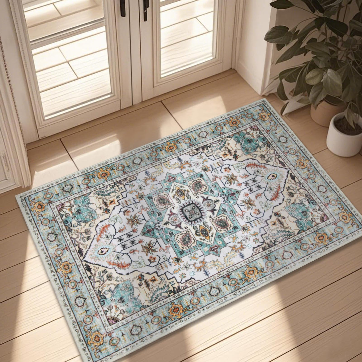 WILLSUN Washable Area Rugs, 5x7 Non-Slip Boho Large Area Rugs for Living Room, Bedroom, Machine Washable Vintage Rug, Indoor Floral Print Carpet for Home Decor, Kid & Pet Friendly Mat