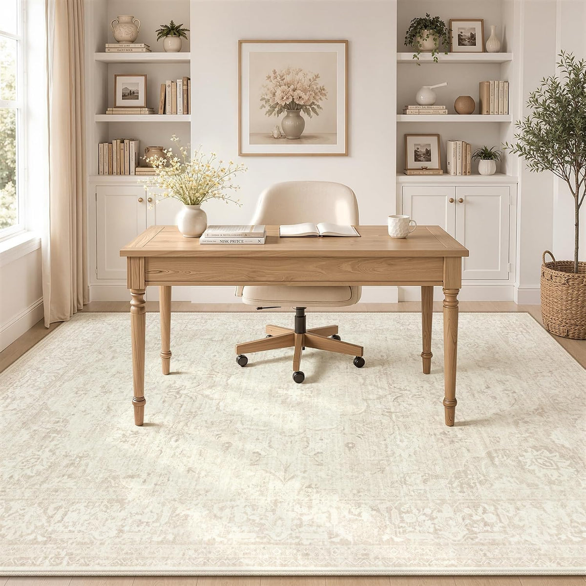 5x7 Area Rugs for Living Room: Washable Boho Vintage Floral Rug Soft Non-Slip Rugs Stain Resistant Low Pile Indoor Carpet for Bedroom Dining Room Nursery Playroom Beige