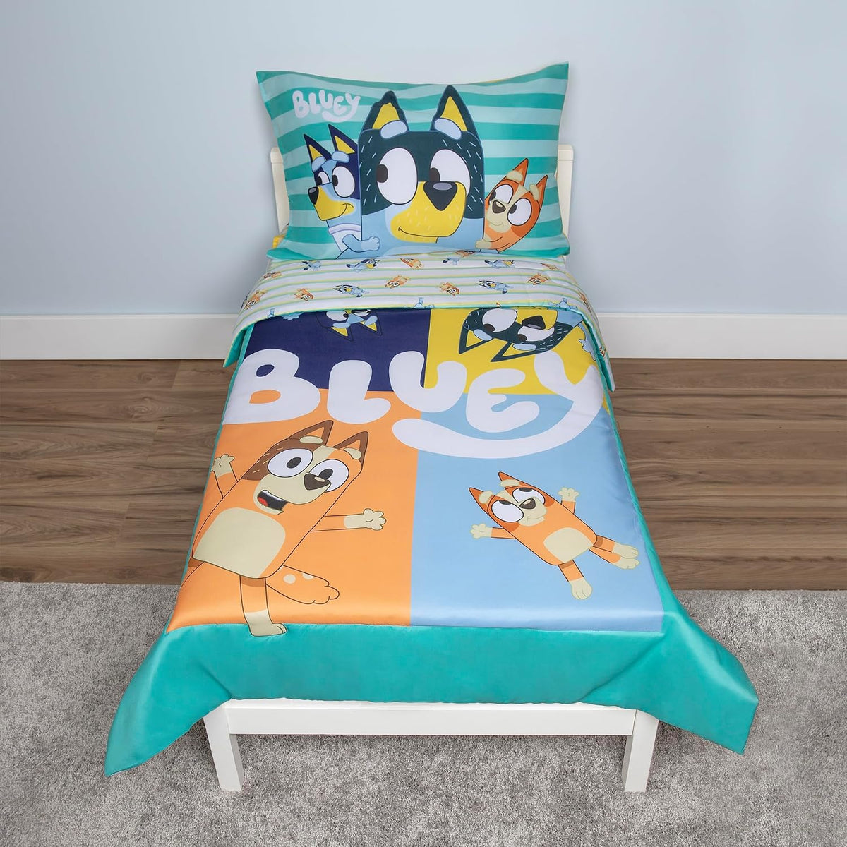 Bluey 4 Piece Toddler Bedding Set – Includes Comforter, Sheet Set – Fitted Top Sheet Reversible Pillowcase for Boys or Girls Bed, Blue