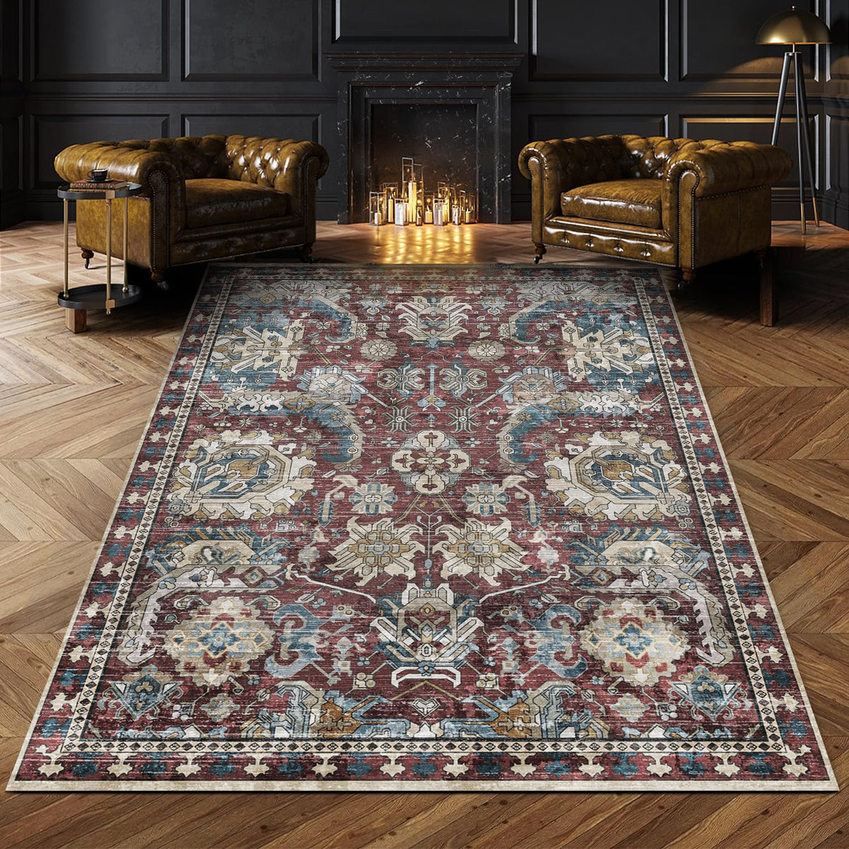 RUGSURE Washable Area Rug - 1/6 Thick - Stain & Water Resistant Non-Slip - Resistant Rug for Living Room, Bedroom, Nursery, Pet & Child Friendly, Vintage Charm Area Rugs (Grey+LightTeal, 3' x 5 ')