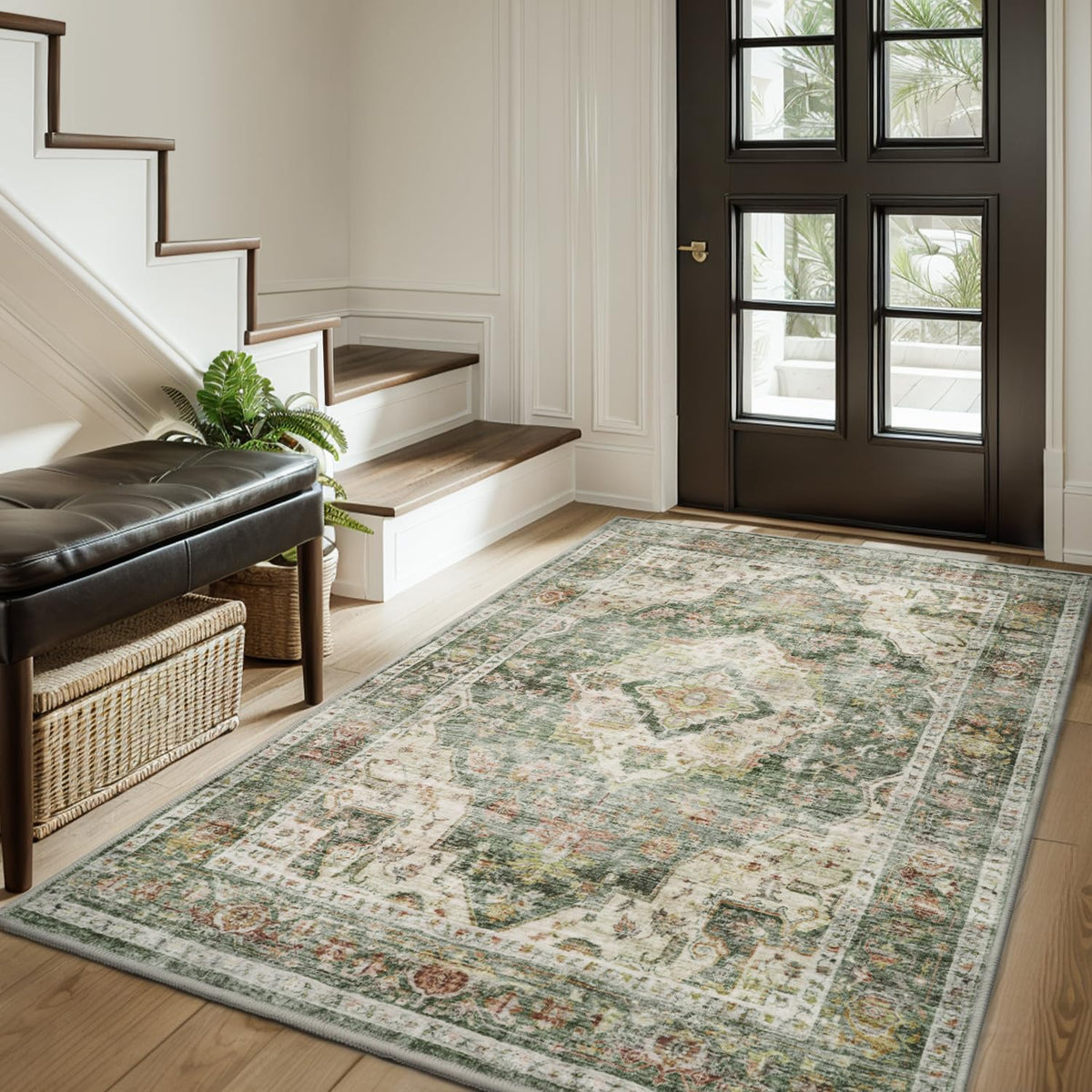 AMOAMI-Area Rug 5X7 Rugs for Living Room-Vintage Soft Beige Rugs for Bedroom-Non Slip Carpet-Machine Washable Rug for Dining Room Living Room Bedroom Office Under Table-Beige