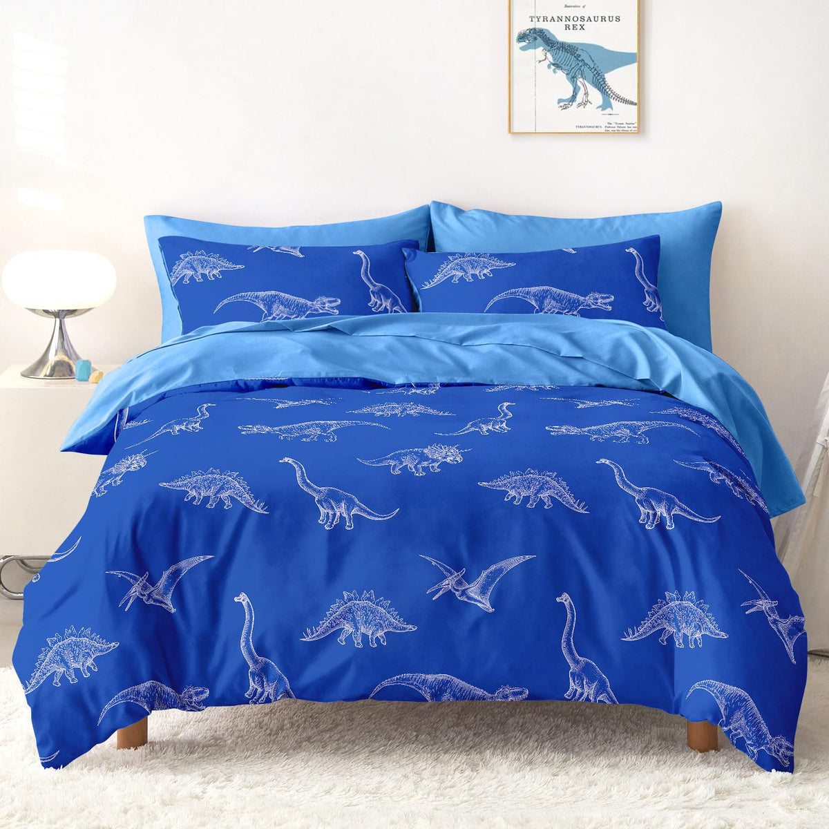 Wake In Cloud - Dinosaur Bedding Set for Boys, Dinosaur Sketch Patterned Soft Lightweight Comforter Set with Sheets, 5 Pieces Kids Bed in a Bag, Gray, Twin Size