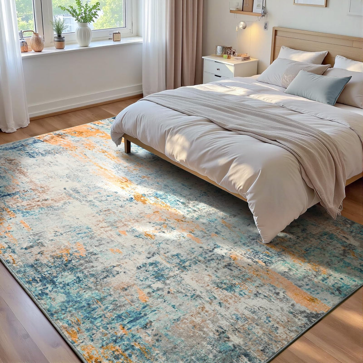 Living Room Rug 5x7 Gray Area Rug Machine Washable Boho Rug Non Slip Abstract Vintage Indoor Large Rugs for Bedroom, Classroom, College Dorm, Farmhouse, Dining Room, Kids Playroom