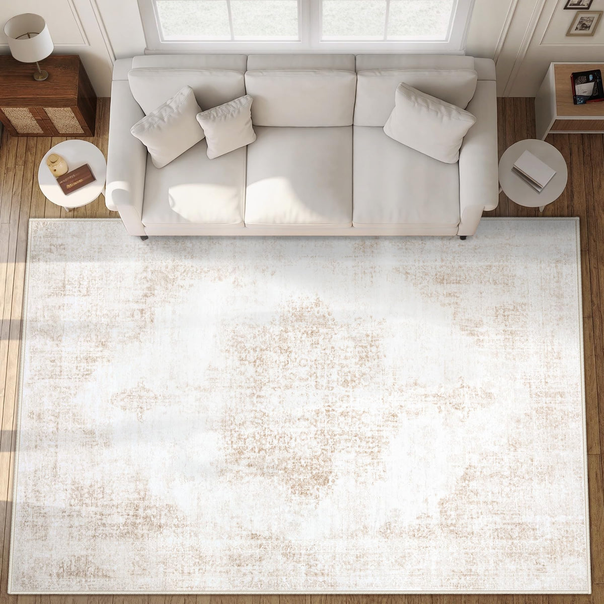 Area Rug 5x7 Vintage Rugs: Washable Living Room Rug Retro Medallion Distressed Large Rug Soft Low Pile Non-Slip Rugs Indoor Floor Carpet for Bedroom Kitchen Nursery Dining Table Office (Beige/Brown)