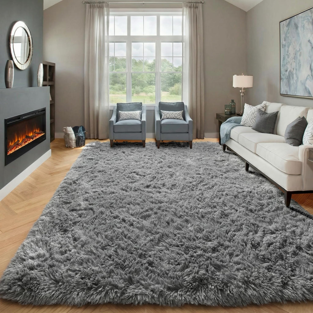 Area Rugs for Bedroom Living Room, 4x6 Fluffy Grey and Black Geometric Rug