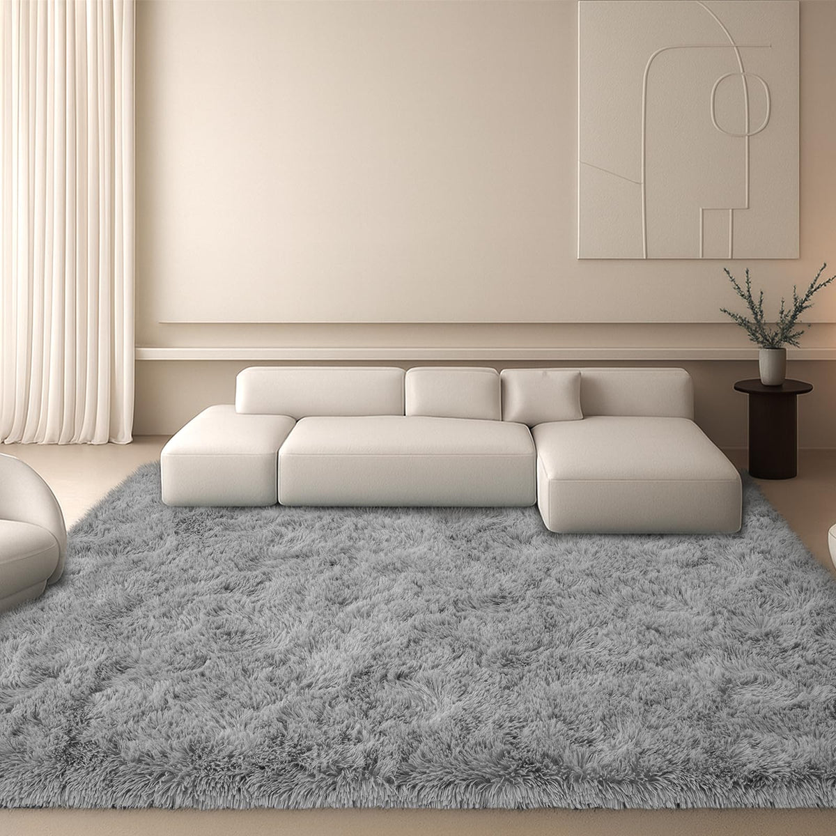 8x10 Cream Fluffy Shag Area Rug, Non-Slip Soft Carpet for Home