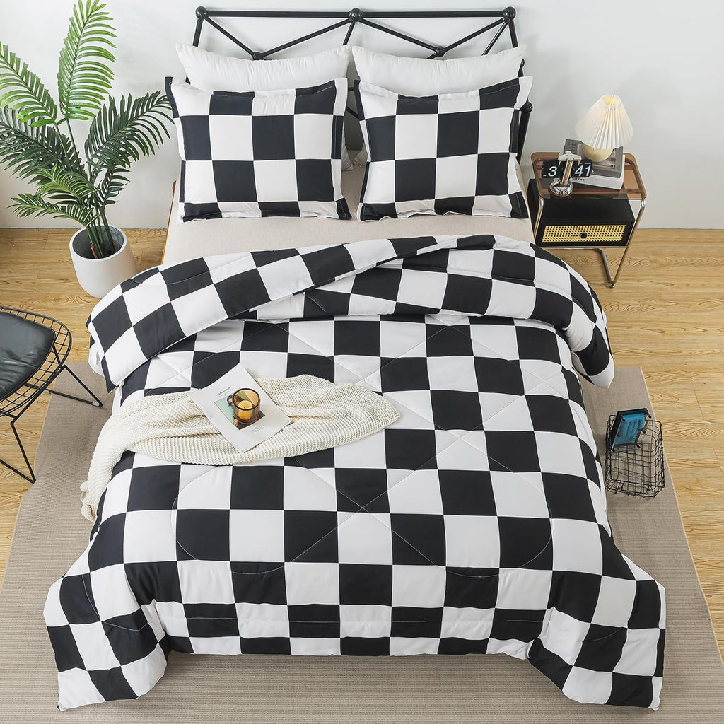 Caressma Black White Checkered Comforter Set, Twin Size Boys Bedding Set
