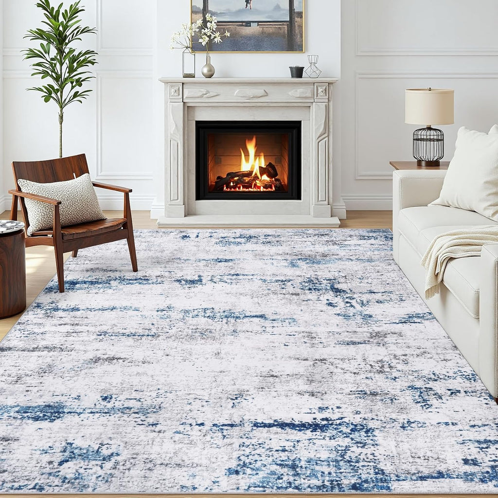 5x7 Area Rugs for Living Room Large Washable Abstract Rug White Gray Blue