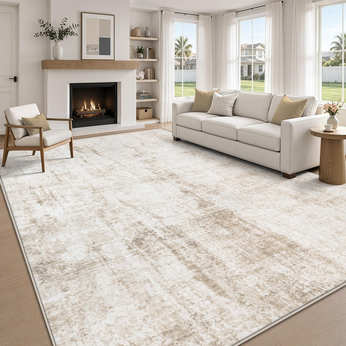 MXSANYOO 6x9 Area Rugs Washable Rug: Abstract Neutral Rugs Modern Non Slip Area Rug Stain Resistant Low Pile Indoor Carpet for Dining Room Bedroom Nursery Office (Beige, 6'x9')