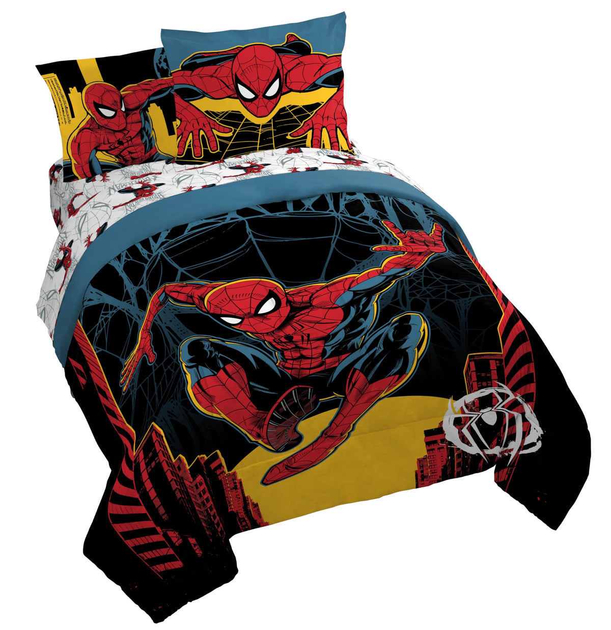 Jay Franco Kids Comforter Set Includes Sheets and Pillow Covers - Soft and Cozy Bed Set for Stylish Room Decor, Official Licensed Bedding, Black - Spiderman, 5 Piece Twin